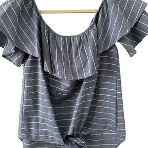Fantastic Fawn Off Shoulder Top L Blue White Striped Ruffle Tie Front Boho